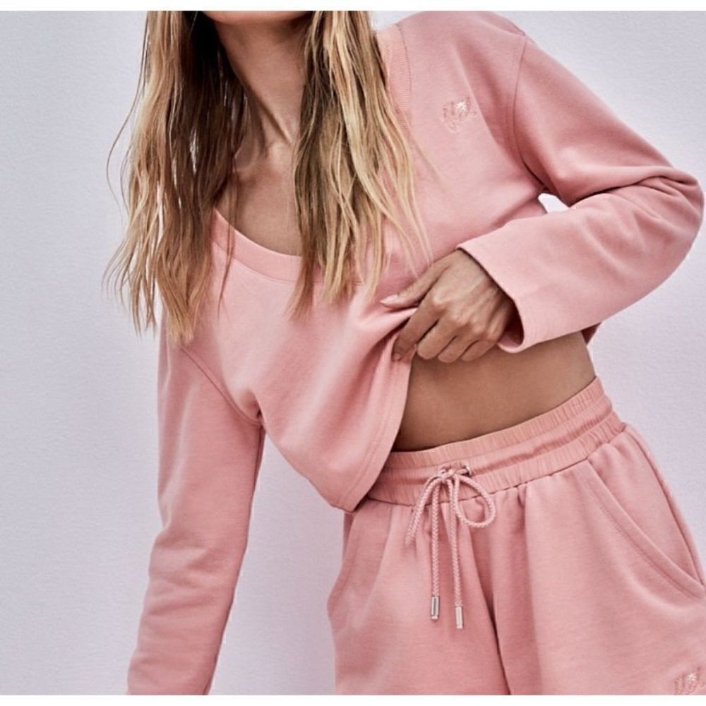 For Love and Lemons Morgan Crop Vneck Sweatshirt S Blush Pink Cotton Long Sleeve